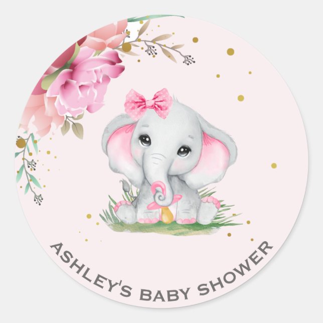 Sticker Rond Douce Éléphant Fleurs Roses Baby Shower (Devant)