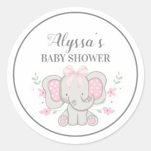 Sticker Rond Douce Éléphant Gris Rose Pois Fille Baby Shower