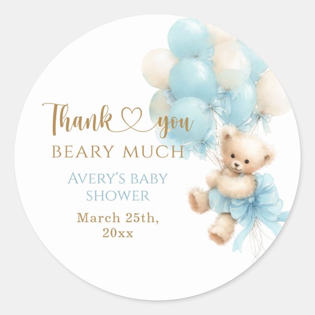 Sticker Rond Douce Fête Bébé Garçon Ourson Bleu Ballon Ruban (Devant)