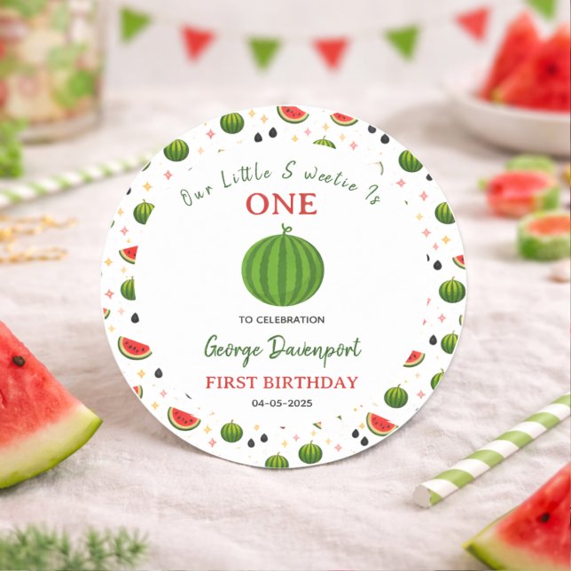 Sticker Rond Douce Fête d'anniversaire de 1 an sur le thème du  (Sweet One in a Melon Watermelon 1st Birthday Party Classic Round Sticker
)