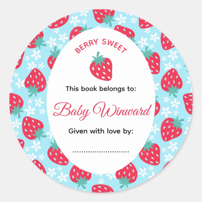 Sticker Rond Douce Fête de Bébé Fille aux Fraises Bleues (Devant)