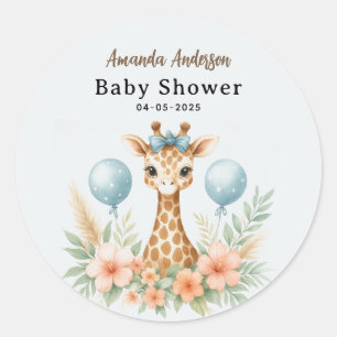 Sticker Rond Douce Fête de Naissance de Bébé Girafe Garçon   Sa