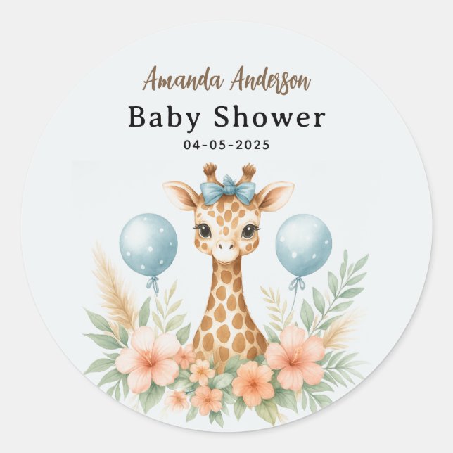 Sticker Rond Douce Fête de Naissance de Bébé Girafe Garçon | Sa (Devant)