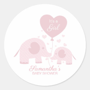 Sticker Rond Douce Fille Eléphant Rose Baby Shower