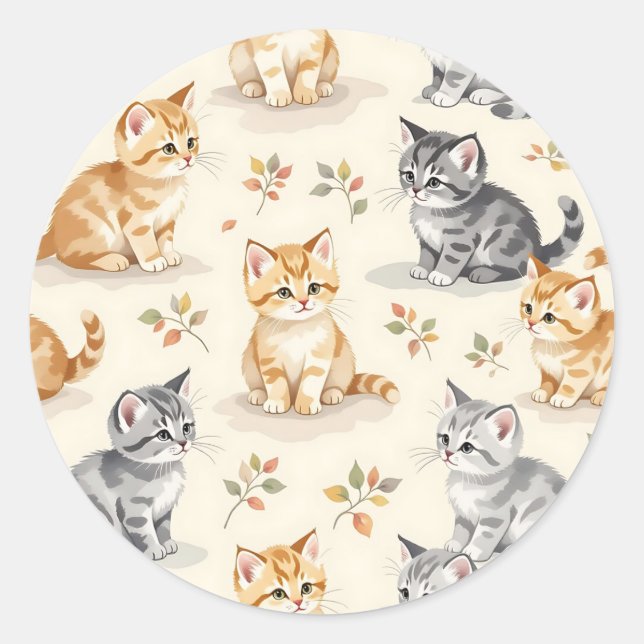 Sticker Rond Douce Ginger et chaton gris aquarelle sans couture (Devant)