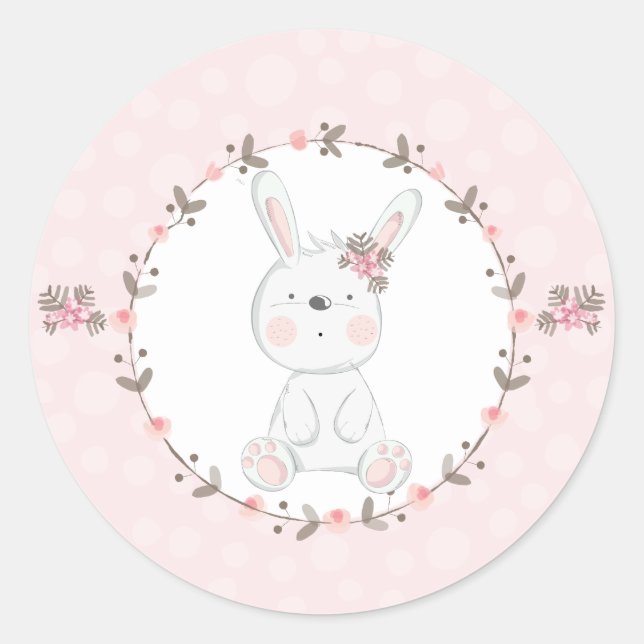 Sticker Rond Douce Lapin Rose Bébé Floral (Devant)