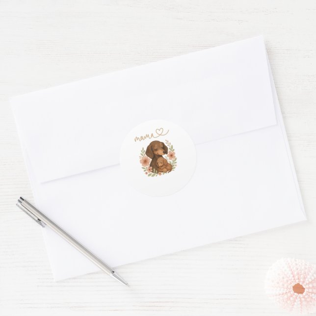Sticker Rond Douce Maman Teckel pour la Fête des Mères (Enveloppe)