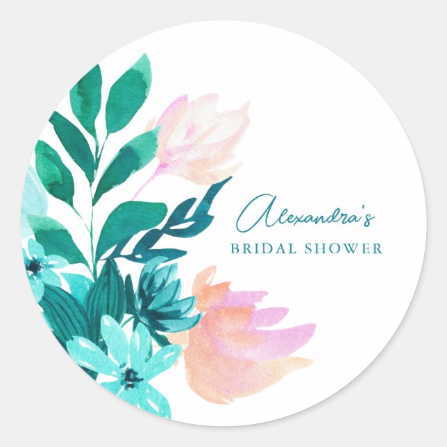 Sticker Rond Douce Mariage Fleurs Aquarelle Rose Vert Personnal (Devant)