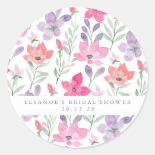 Sticker Rond Douce Mariée Fleurie Aquarelle Rose Violet Personn