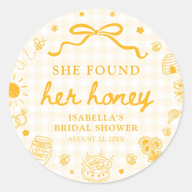 Sticker Rond Douce Mariée Gingham Jaune à sa Baby Shower (Devant)