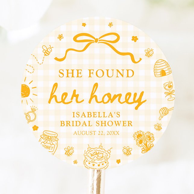Sticker Rond Douce Mariée Gingham Jaune à sa Baby Shower (Yellow Gingham She Found Her Honey Bridal Shower Classic Round Sticker)