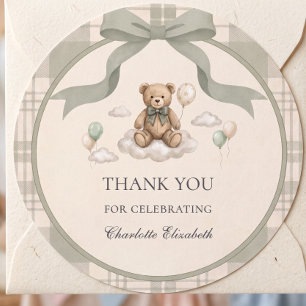 Sticker Rond Douce Ourson à Ruban Sage Nuage Baby Shower