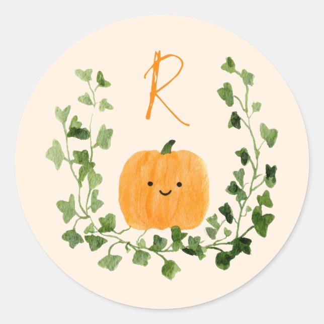 Sticker Rond Douce petite citrouille baptême avec monogramme mi (Devant)