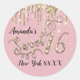 Sticker Rond Douces gouttes de Confetti en or rose du 16e Parti