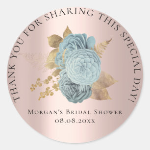 Sticker Rond Douche de mariée 16ème Merci Florales Rose Bleu Or