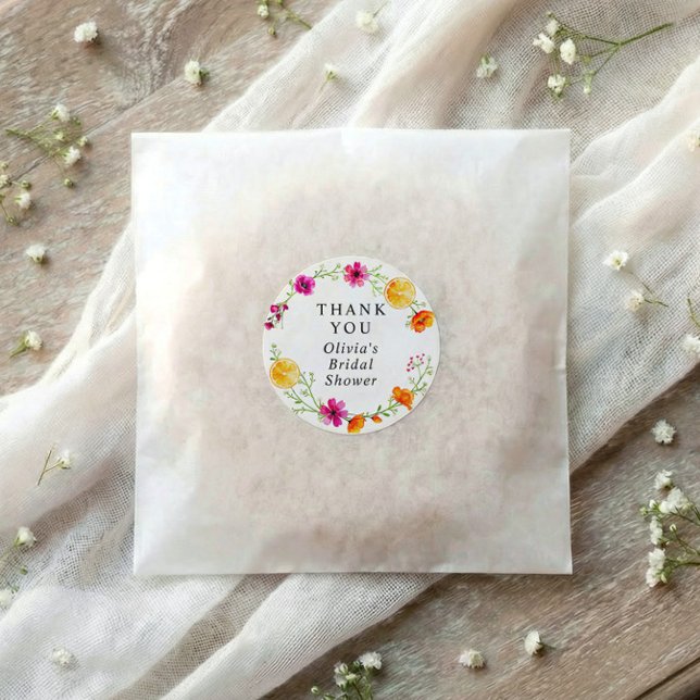 Sticker Rond Douche de Mariée Pamplemousse Rose Orange Citron (Watercolor main squeeze bridal shower sticker with orange slices and bright pink flowers)