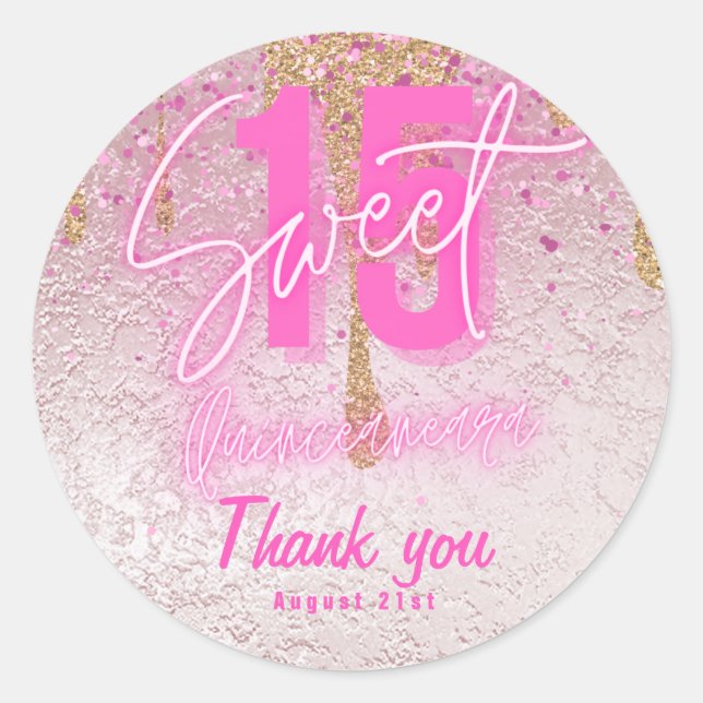 Sticker Rond Doux 15 Parties scintillant rose huile Quinceanera (Devant)