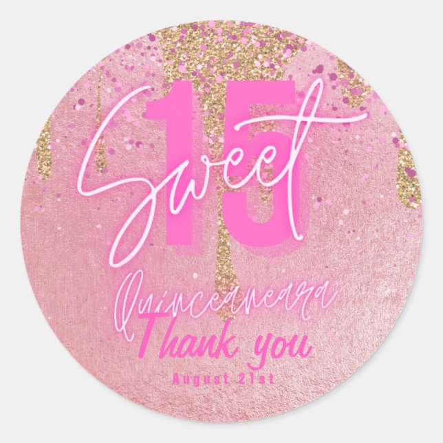 Sticker Rond Doux 15 Parties scintillant rose huile Quinceanera (Devant)