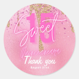 Sticker Rond Doux 15 Parties scintillant rose huile Quinceanera