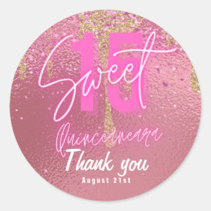 Sticker Rond Doux 15 Parties scintillant rose huile Quinceanera