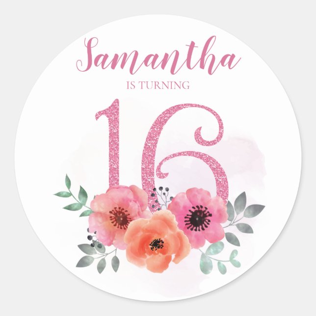 Sticker Rond Doux 16 Anniversaire rose Parties scintillant flor (Devant)