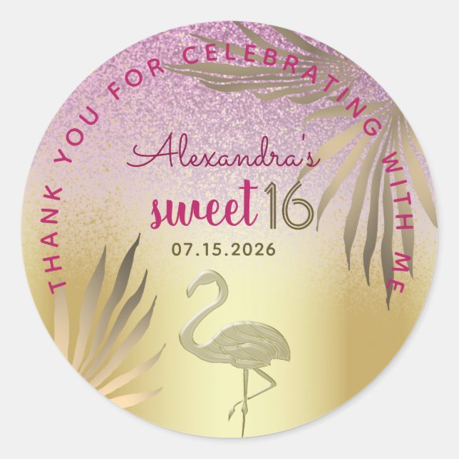 Sticker Rond Doux 16 Flamant Or Rose Merci (Devant)