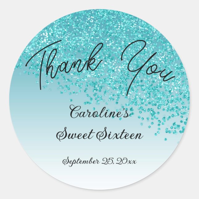 Sticker Rond Doux 16 Merci chute Parties scintillant bleue Turq (Devant)