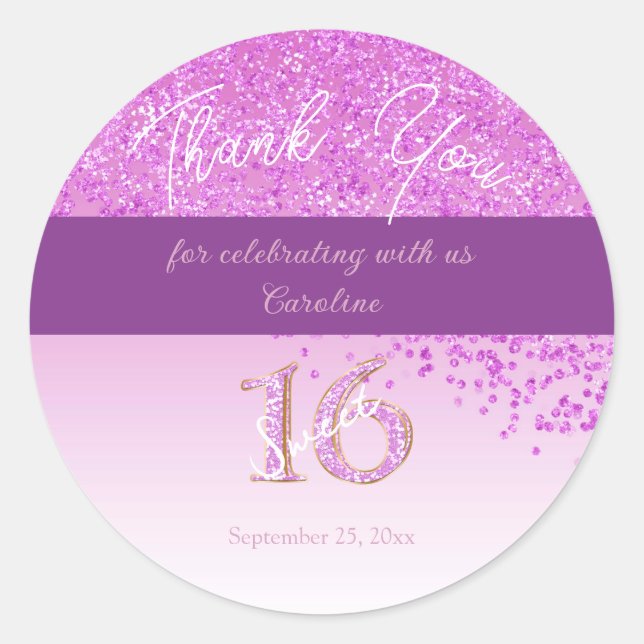 Sticker Rond Doux 16 Merci chute Parties scintillant rose (Devant)