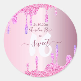 Sticker Rond Doux 16 Parties scintillant gouttes rose métal Ann