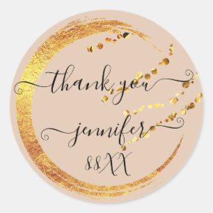 Sticker Rond Doux 16e Remerciement Date Mariage Beige Or Doré