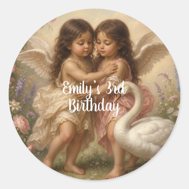 Sticker Rond doux ange chérubin anniversaire des filles ||  (Devant)
