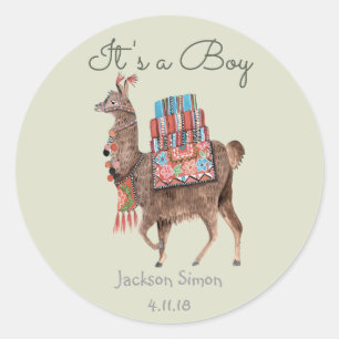 Sticker Rond Doux Lama Vert Animal   Baby Shower garçon