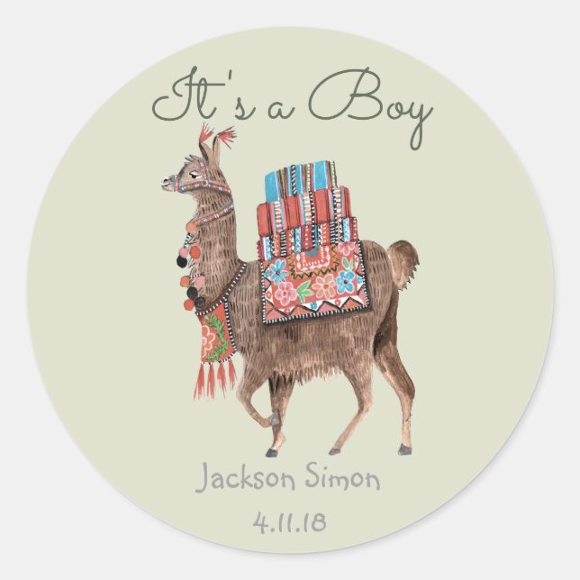 Sticker Rond Doux Lama Vert Animal | Baby Shower garçon (Devant)