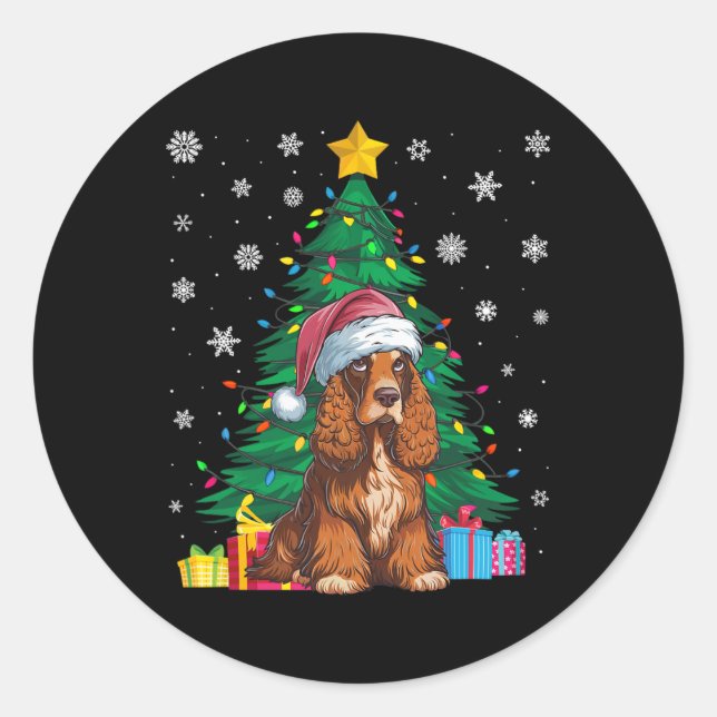 Sticker Rond Doux moche Xmas Lumières Arbre Er Chien Espagnol P (Devant)