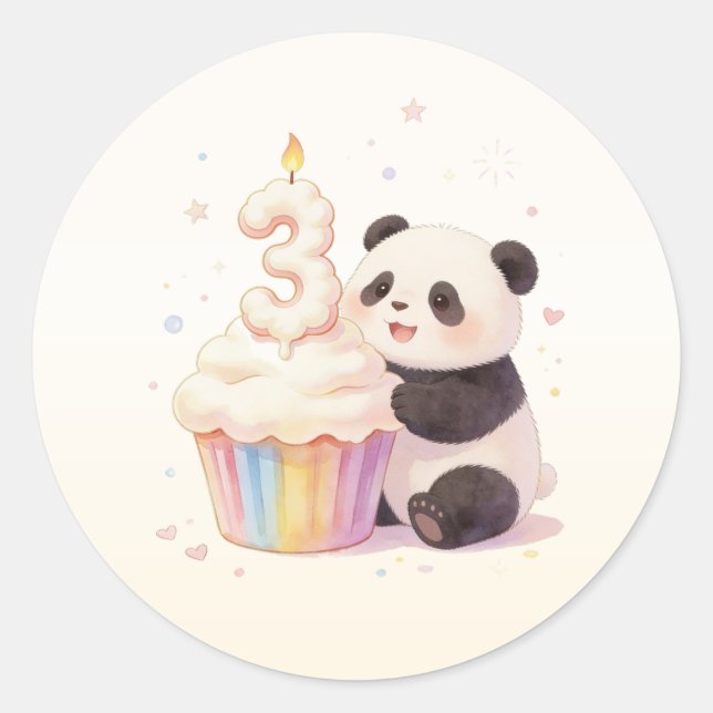 Sticker Rond Doux Panda Pastel Bébé 3ème Anniversaire (Devant)