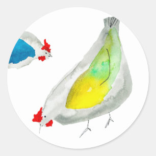 Sticker Rond Doux poulets aquarelle art