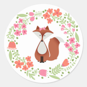 Sticker Rond Doux Renard Rouge Floral de Dessin Animé