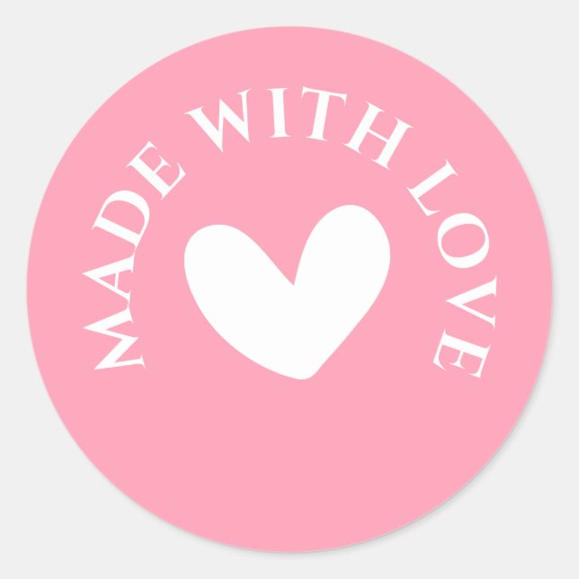 Sticker Rond Doux Rose "Fabriqué avec Amour" (Devant)