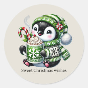 Sticker Rond doux voeux de Noël pingouin personnalisable
