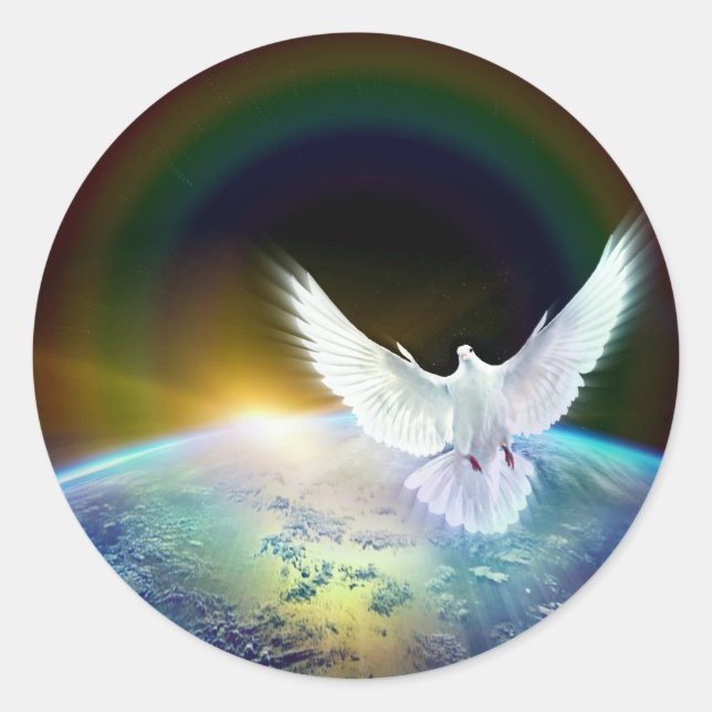 Sticker Rond Dove of peace holy spirit over earth with Rainbow. (Devant)