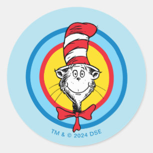 Sticker Rond Dr. Seuss Graphisme de tête de Chat dans le Chap