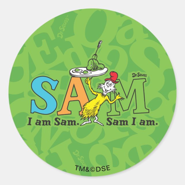 Sticker Rond Dr. Seuss | Je suis Sam. Sam je suis. (Devant)