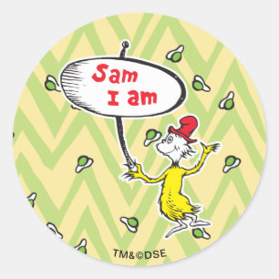 Sticker Rond Dr. Seuss Sam-I-Am tenant une pancarte