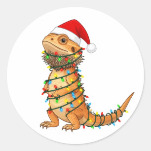 Sticker Rond Dragon barbu de Noël Pogona Vitticeps Santa