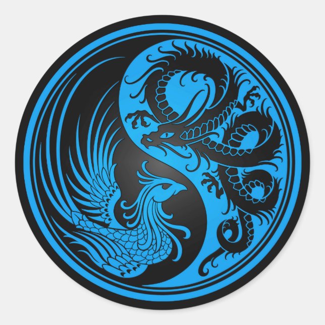 Sticker Rond Dragon bleu et noir Phoenix Yin Yang (Devant)
