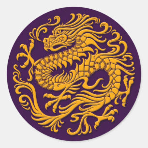 Sticker Rond Dragon chinois traditionnel jaune et violet Circl