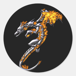 Sticker Rond Dragon Chrome avec flammes
