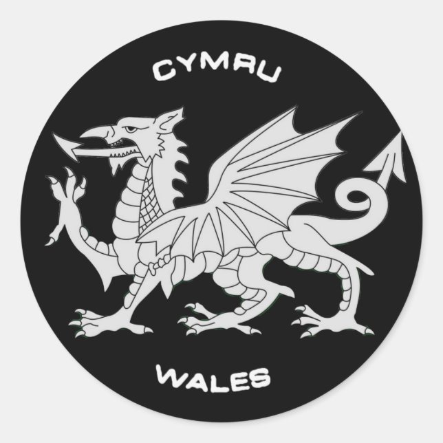 Sticker Rond Dragon de Galles (Cymru) en noir et gris (Devant)