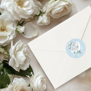 Sticker Rond Dragon de glace élégant blanc Roses bleues Fantais