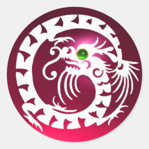 Sticker Rond DRAGON DE NAGE, blanc, rubis rose rouge, vert émai
